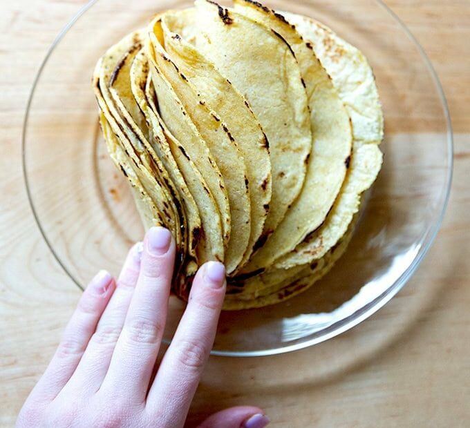 A stack of soft corn tortillas, fanned out on a plate.