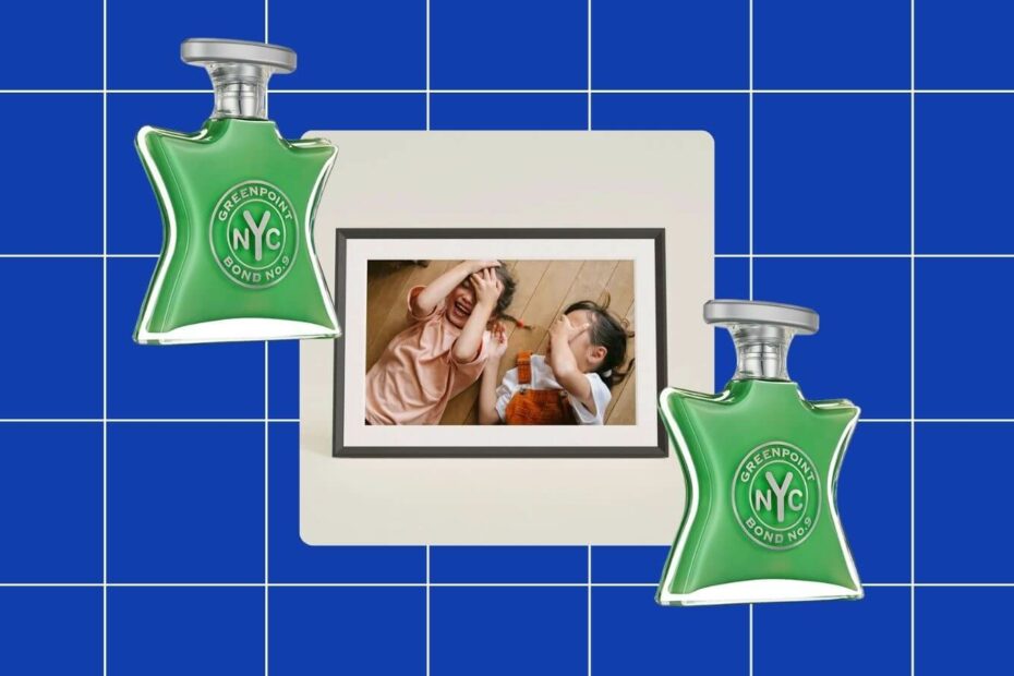 digital frame of two smiling children, flanked by two bottles of fragrance