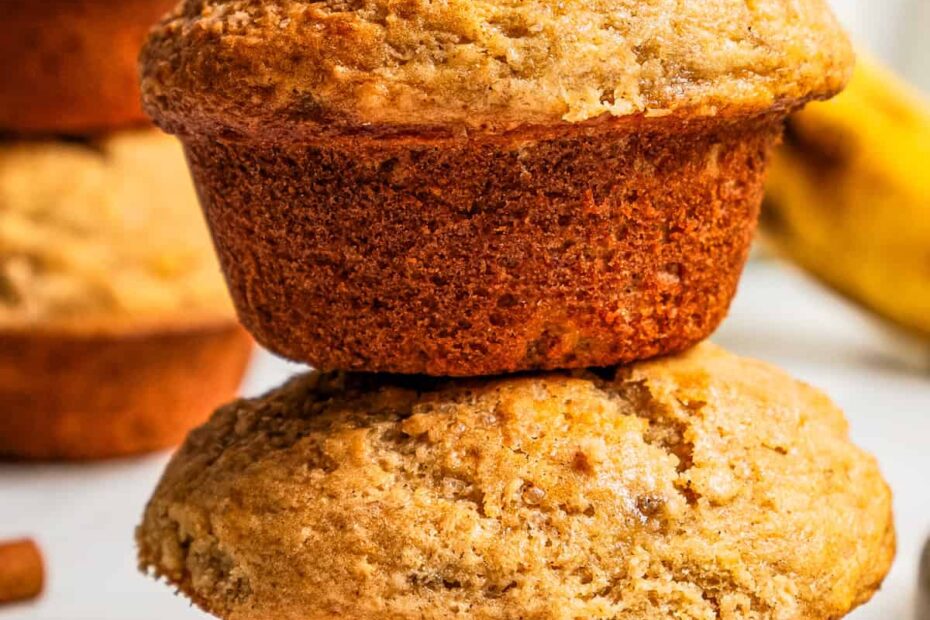 Two banana muffins stacked up.