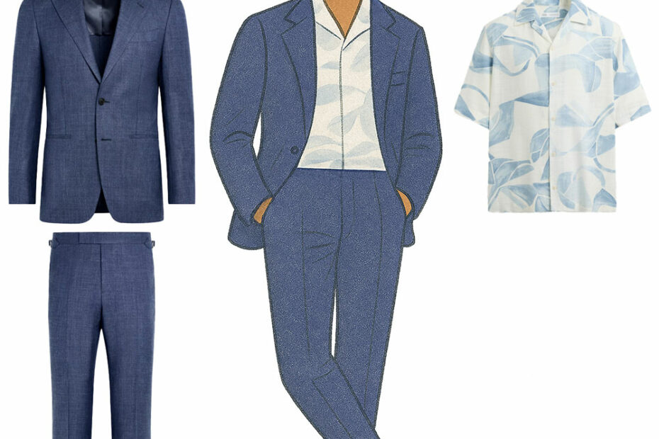 floral shirt and blue suit with loafers for summer wedding