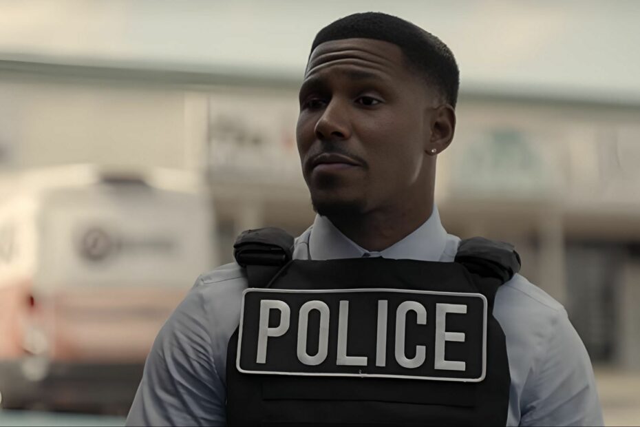 Mike Merrill as Detective Grimes, dressed in a light shirt and bulletproof vest marked &ldquo;POLICE,&rdquo; assessing the scene outside the bank.