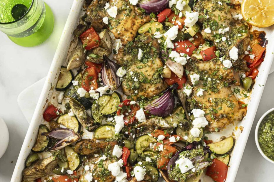 greek sheetpan chicken with vegetables and dressing