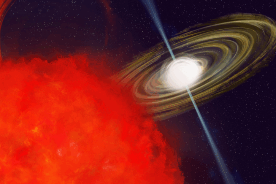 A hazy red star object is in the foreground and a bright white orb is in the background. The orb has blue jets coming out of it from the top and bottom, and is surrounded by golden concentric circles in a disk-shape.