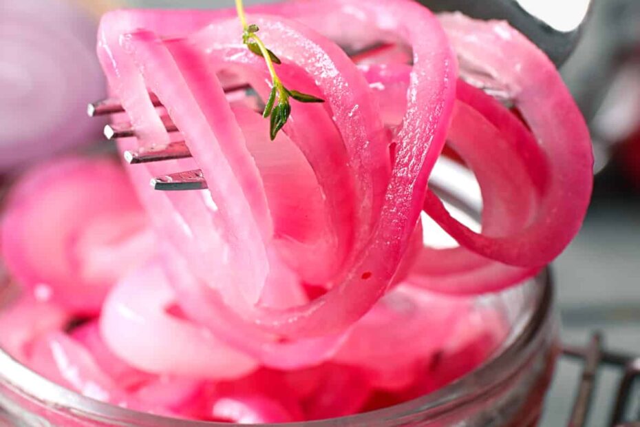pickled red onions recipe classic traditional vinegar peppercorns garlic bay leaf canning preserving