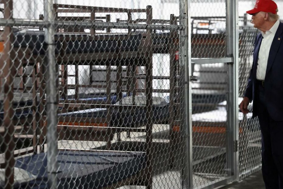 Trump tours Florida immigration lockup and jokes about escapees having to run from alligators