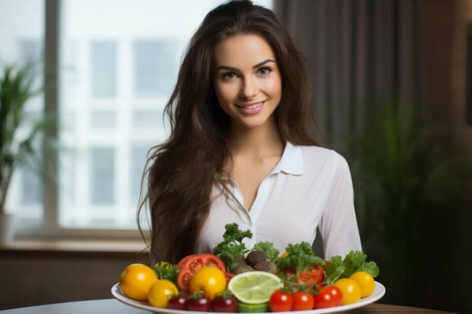 Woman with plate of health food - eczema diet