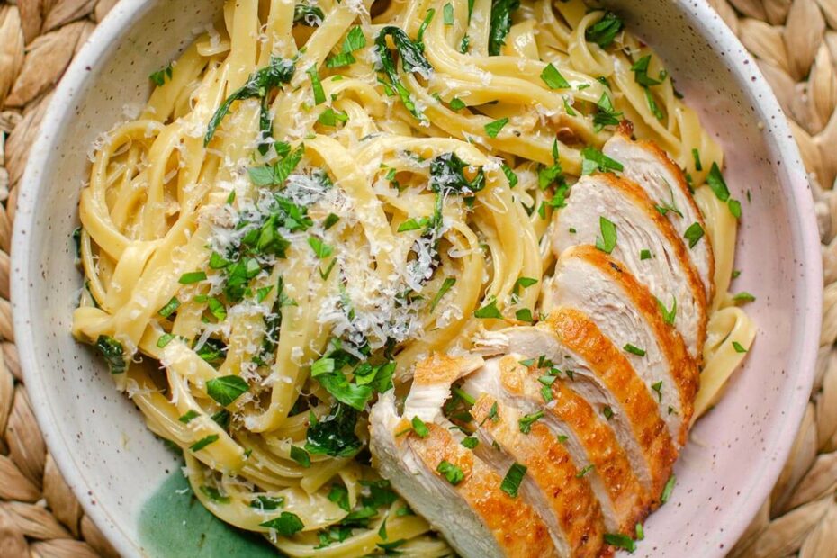 Closeup of a plate of pasta with chicken.