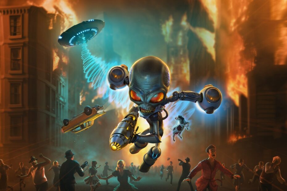 Screenshot from the video game Destroy All Humans! A little grey alien is flying through a burning city street using a jet pack. He is holding a large ray gun. People are running and panicking in the streets below the alien. There is a UFO in the background.