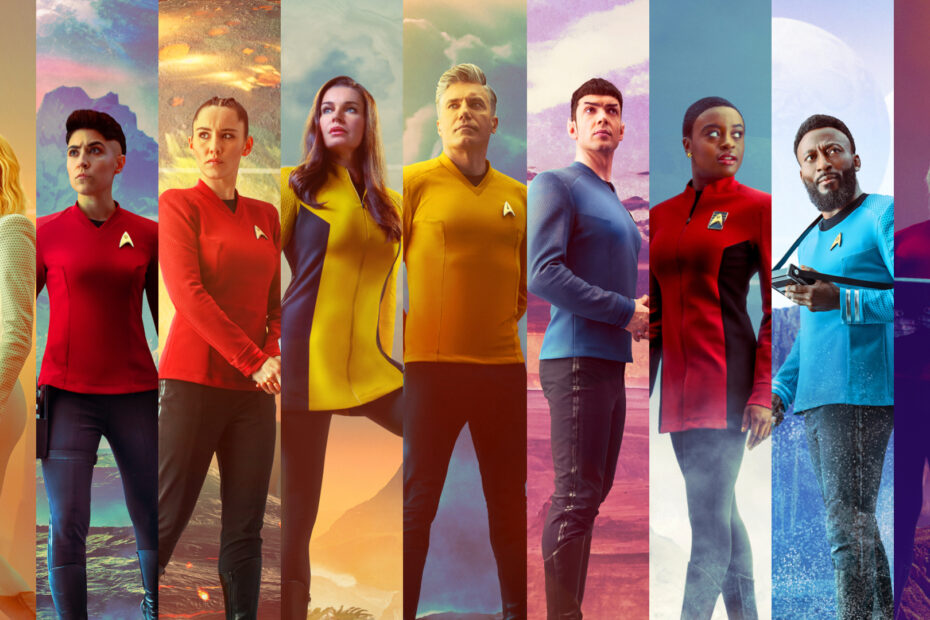 Star Trek Strange New Worlds cast (Left to Right): Nurse Christine Chapel (Jess Bush), Erica Ortegas (Melissa Navia), La'An Noonien Singh (Christina Chong), Una Chin-Riley (Rebecca Romijn), Christopher Pike (Anson Mount), Spock (Ethan Peck), Nyota Uhura (Celia Rose Gooding), Joseph M'Benga (Babs Olusanmokun), and Lt Hemmer (Bruce Horak).