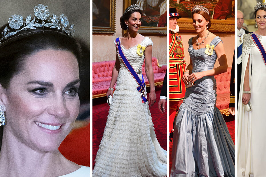 Kate Middleton's Glamorous Gowns, Sparkling Jewels and Glittering Tiaras at State Banquets