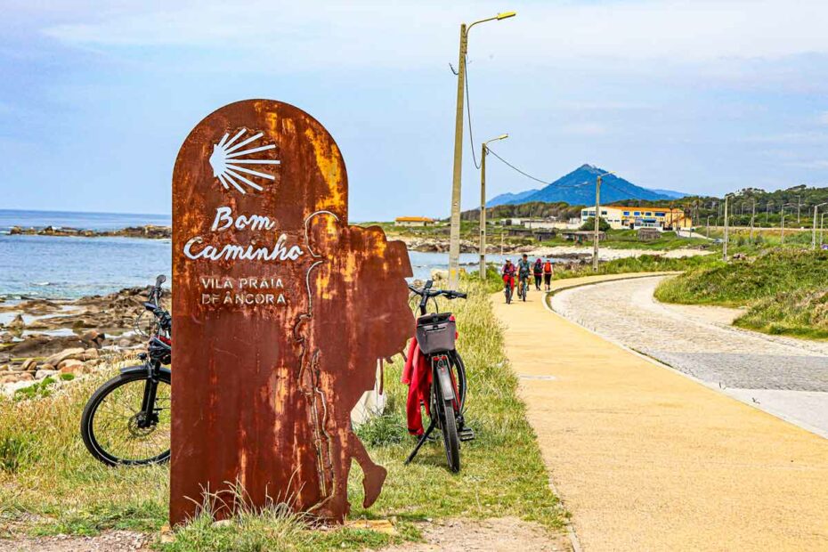 A metal Camino sign at one of the routes of the Portuguese Camino