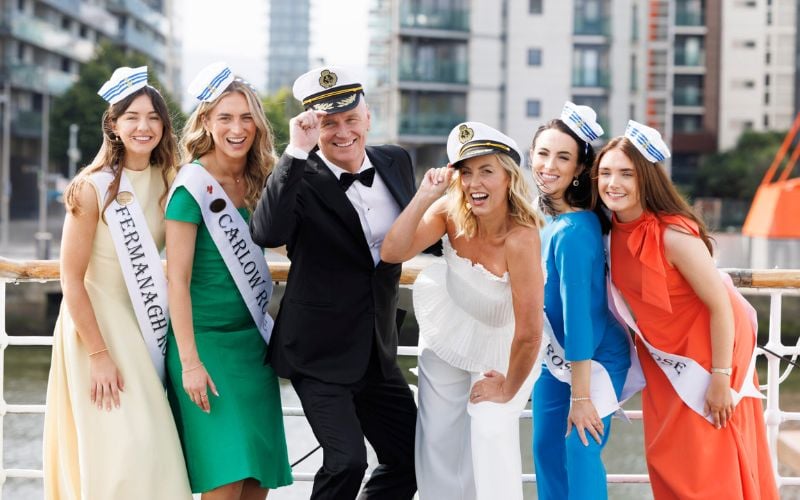 August 12, 2025: Dáithí Ó Sé and Kathryn Thomas at the launch of the 2025 Rose of Tralee International Festival as they meet this year’s 32 International Roses at MV Cill Airne, North Wall, Dublin.