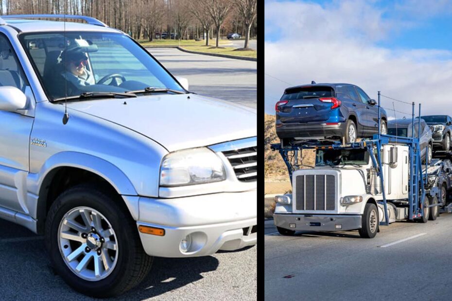 My SUV being shipped by SGT Auto Transport from Delaware to California. Split panel image of my car and their trailer loaded with cars.