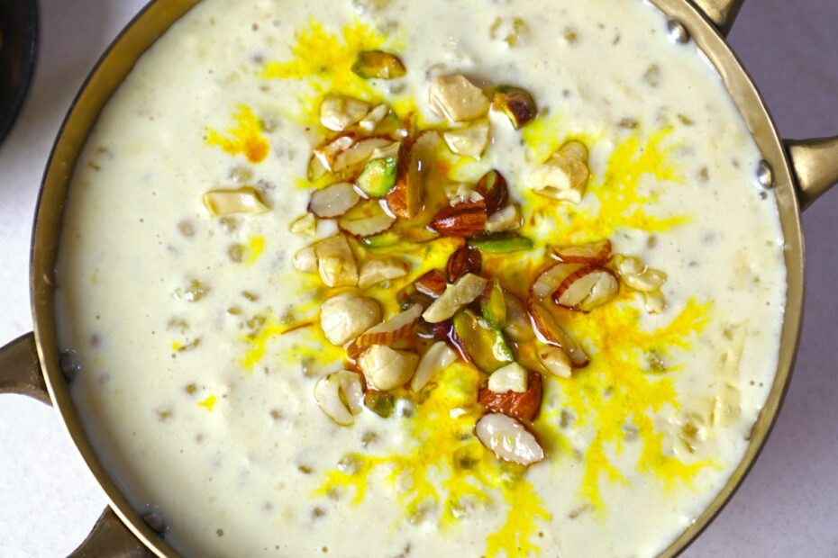 aerial shot of sabudana kheer served in a golden bowl