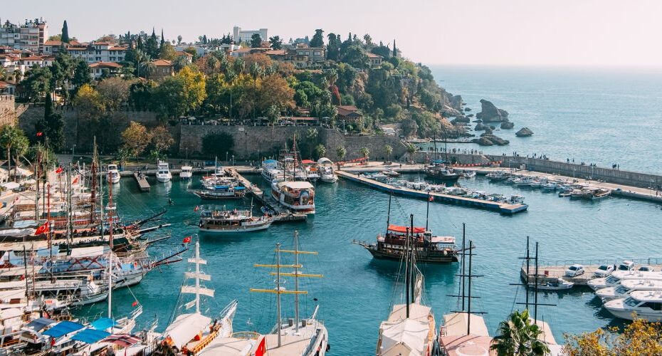 A pier with a bunch of parked boats. An historic city with green trees on the side.