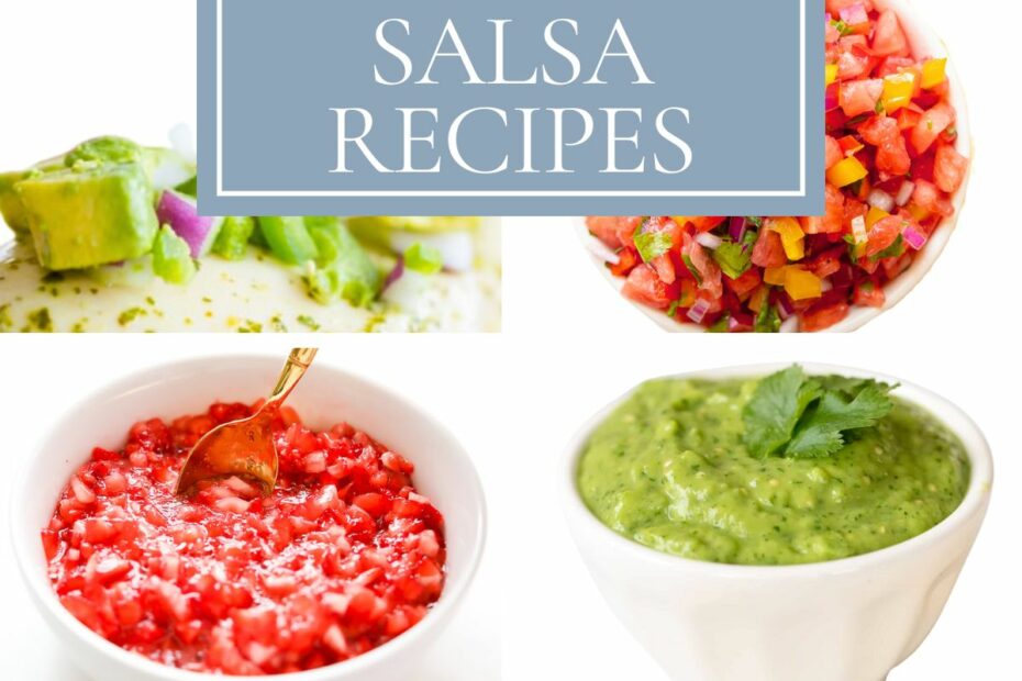 A collage of eight colorful salsa recipes in bowls, with the text