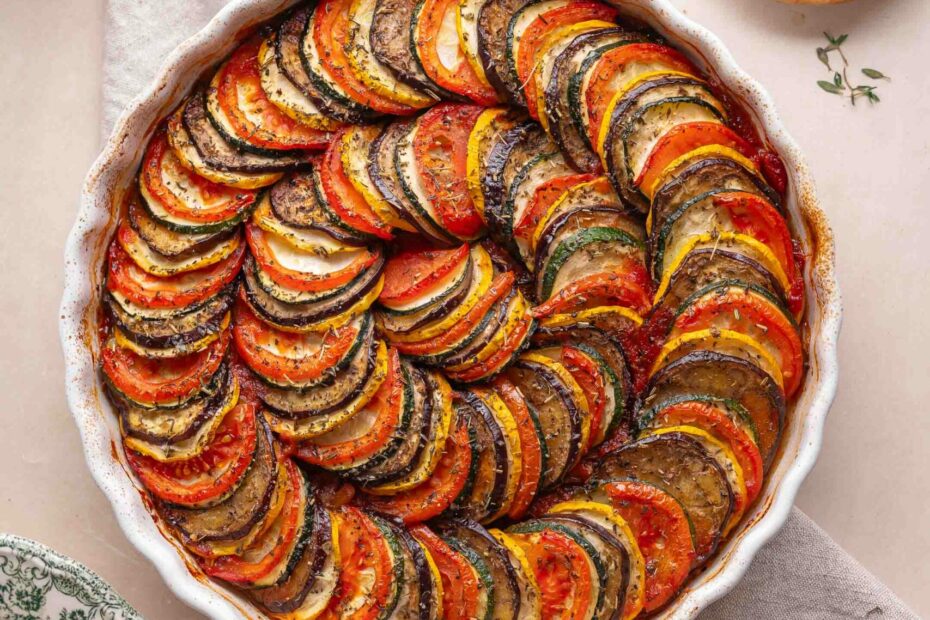 A round baking dish filled with overlapping slices of tomatoes, zucchini, and eggplant, baked until tender and sprinkled with herbs like a confit byaldi.