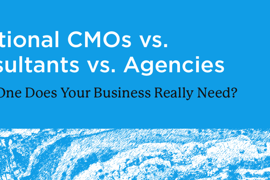Blue geometric pattern with text: "Fractional CMO vs consultants vs agencies: Which one does your business really need?"
