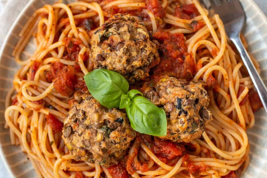 Overhead shot of Mediterranean lentil meatballs with spaghetti.
