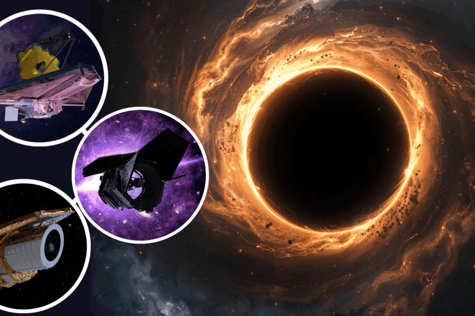 (Left) the telescope triple threat of the JWST, Roman and Euclid, (Right) an illustration of a supermassive black hole in the early universe
