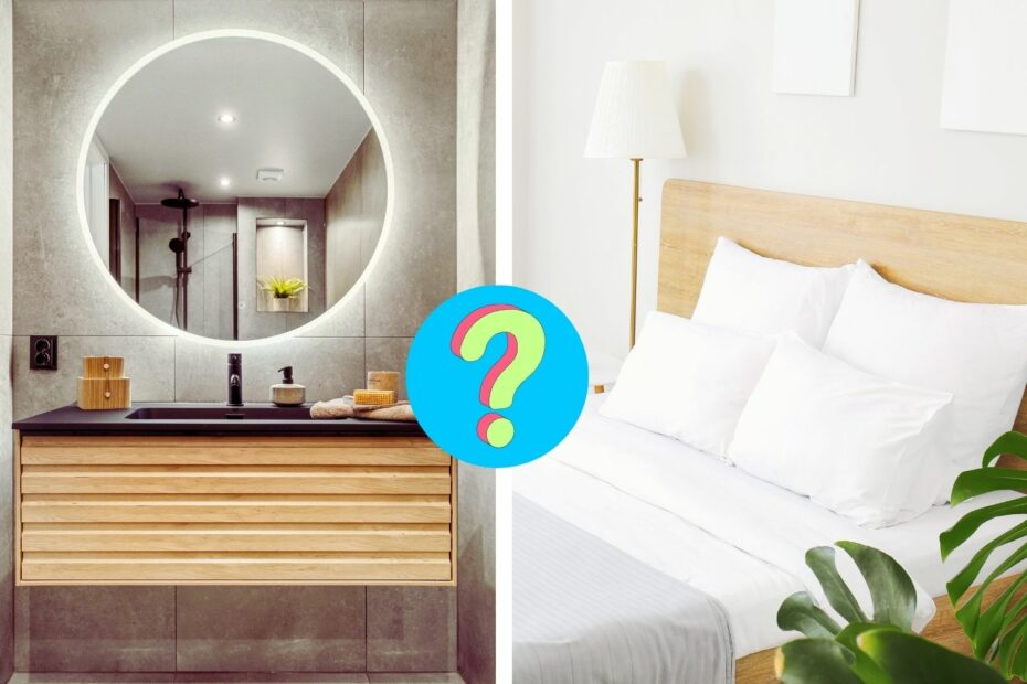 a hotel room bathroom and guest room with a question mark