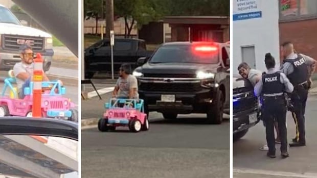 Man arrested after driving child-size pink Barbie Jeep through town | CBC News