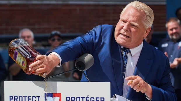 Premier pours out a bottle of Crown Royal to protest Diageo closing an Ontario plant | CBC News