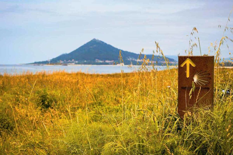 A metal pole with a yellow arrow and shell on the Coastal Route by the sea