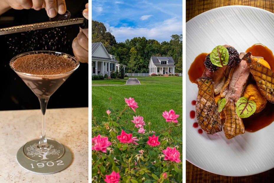 Three-panel image showcasing: left - hands grating fresh chocolate over an elegant martini glass with "1902" coaster; center - waterfront cottage view with manicured lawn and pink roses in foreground; right - artfully plated duck breast with sweet potato puree, pickled blackberries, and rich port wine sauce on white ceramic plate.