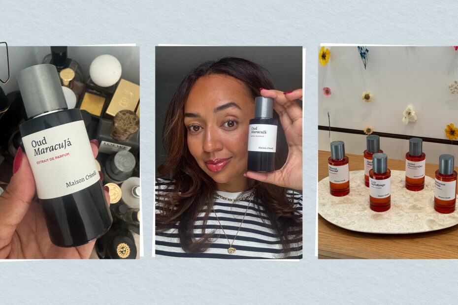A graphic with beauty columnist Rhea Cartwright testing the Maison Crivelli perfumes and Oud Maracuja