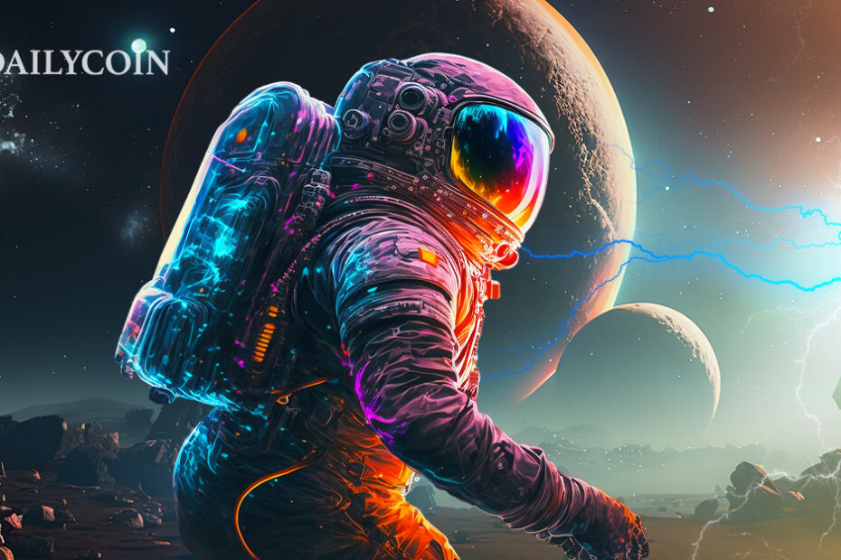 An astronaut exploring alien planet wearing a suit with light reflecting off of it.
