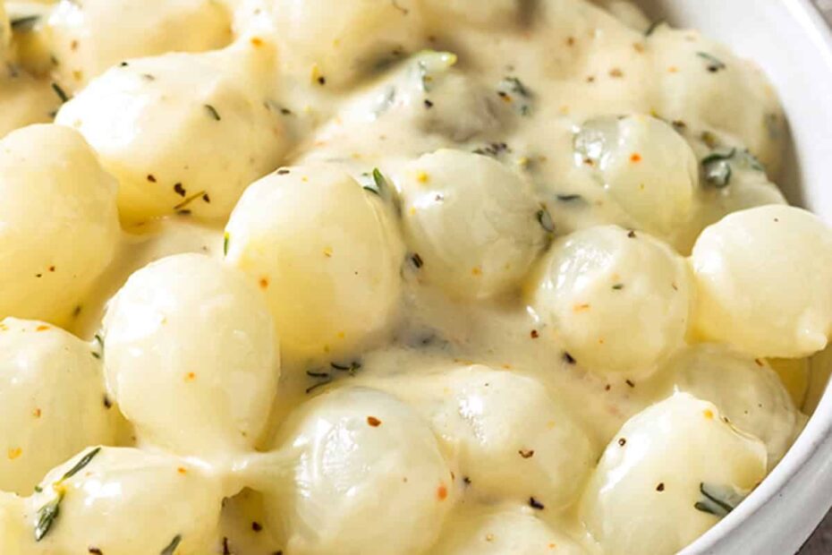 creamed onions recipe pearl white heavy cream herbs thyme sage cheese easy best elegant gourmet
