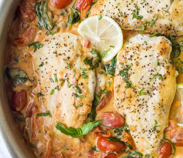 overhead photo of 30 minute creamy tuscan chicken