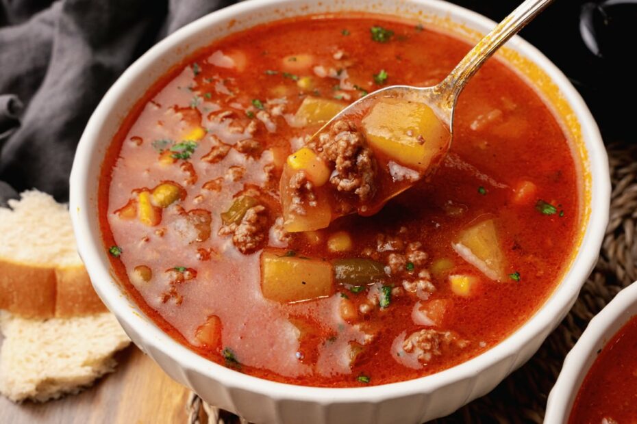 Vegetable beef soup in red tomato broth in a white bowl resting on a woven placemat.