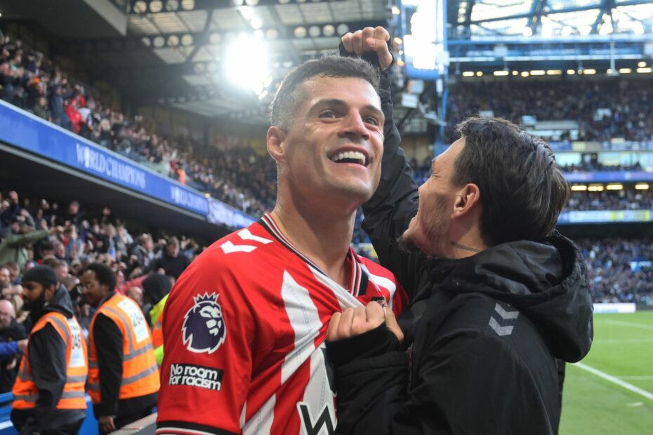 Sunderland captain Granit Xhaka celebrates his team's win at Chelsea