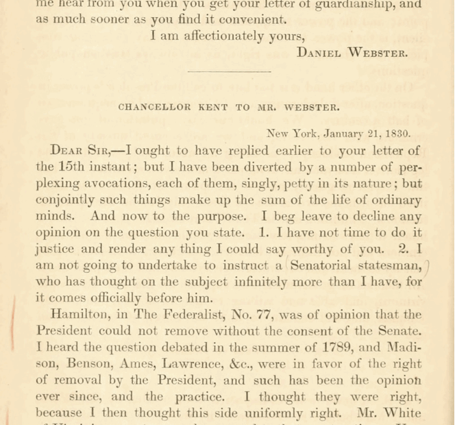 Chancellor James Kent on Hamilton’s Federalist No. 77 and Modern Academic Commentary