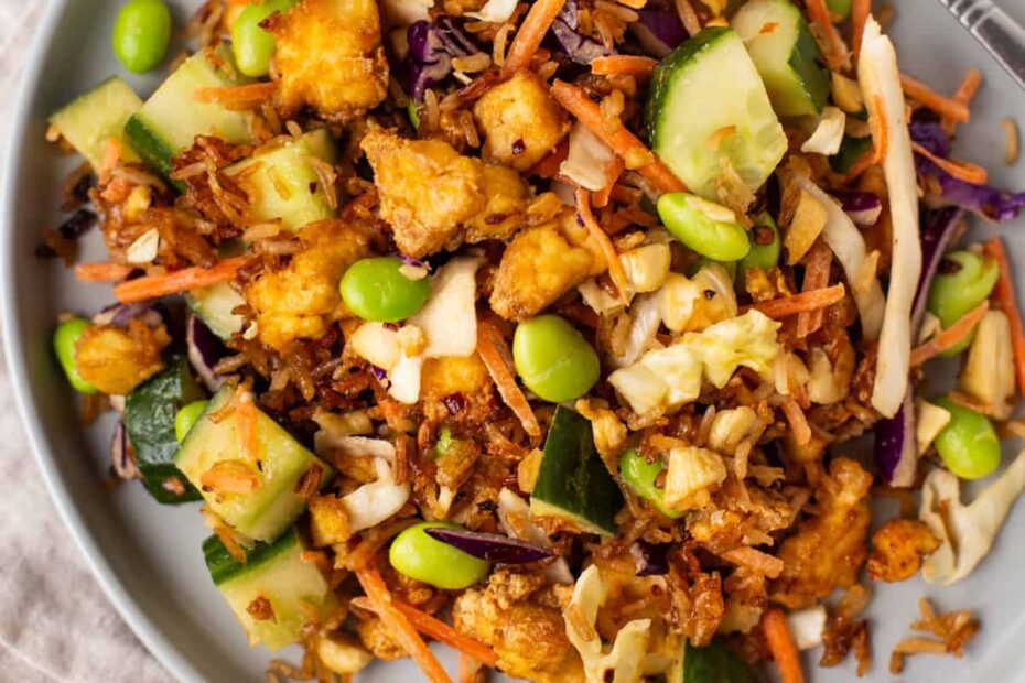 Overhead shot of crispy rice and tofu salad.