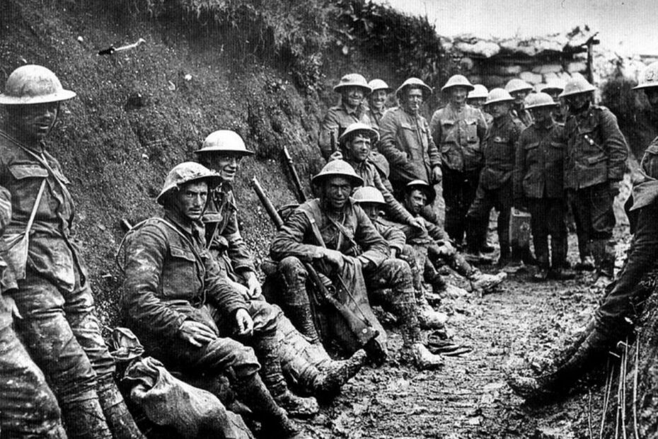 Soldiers in the trenches during World War I.