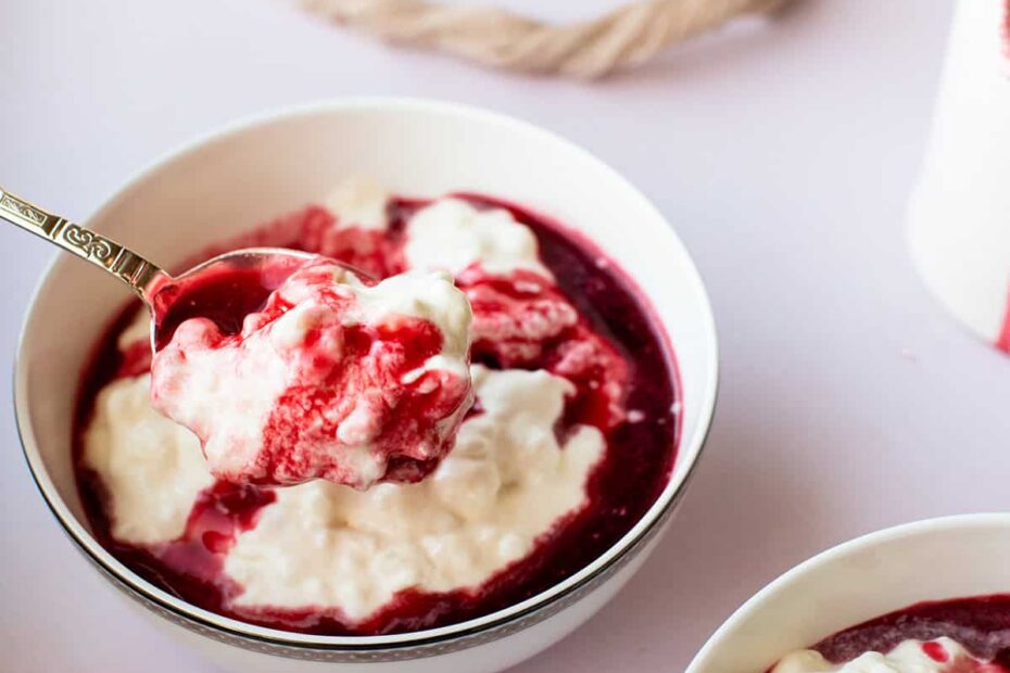 Close-up of one serving bowl with rice cream.