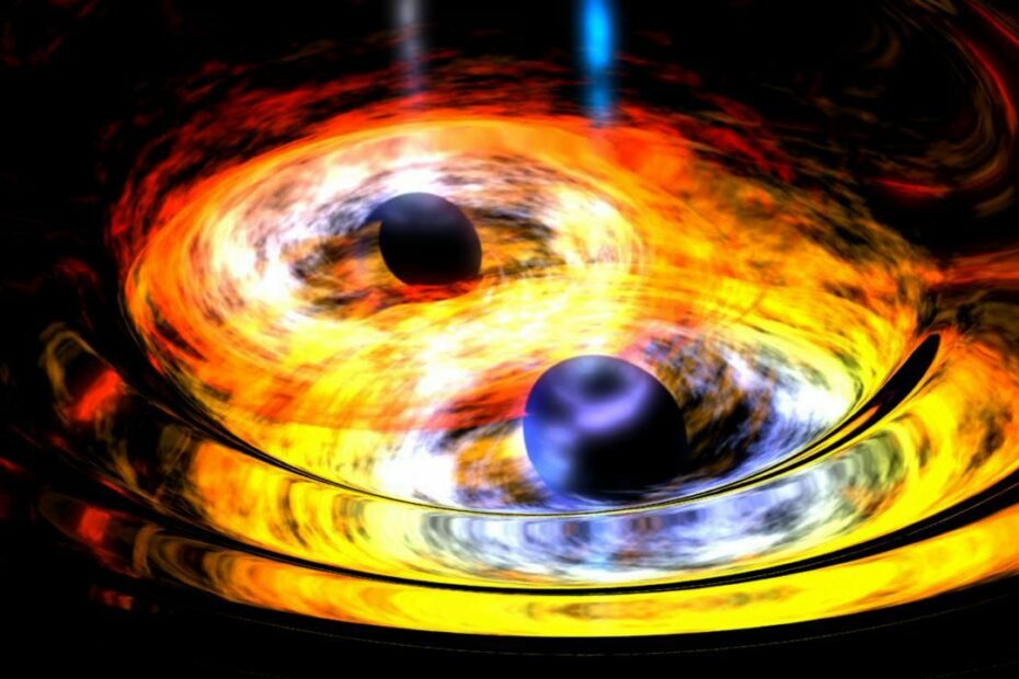 An artist's concept of two black holes circling each other before merging.