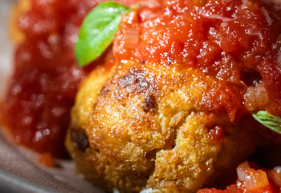 Tofu Meatballs with Harissa Tomato Sauce