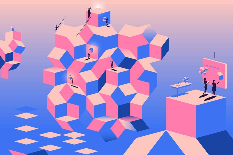 People searching for quasicrystals in a surreal pink and blue landscape, reminiscent of a quasicrystal