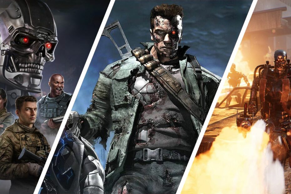 Split image showing three Terminator games: Terminator: Dark Fate &ndash; Defiance, Terminator 3: The Redemption, &amp; Terminator: Resistance