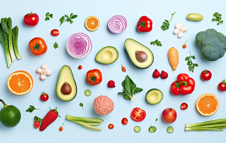 Healthy food with fresh vegetables and fruits.