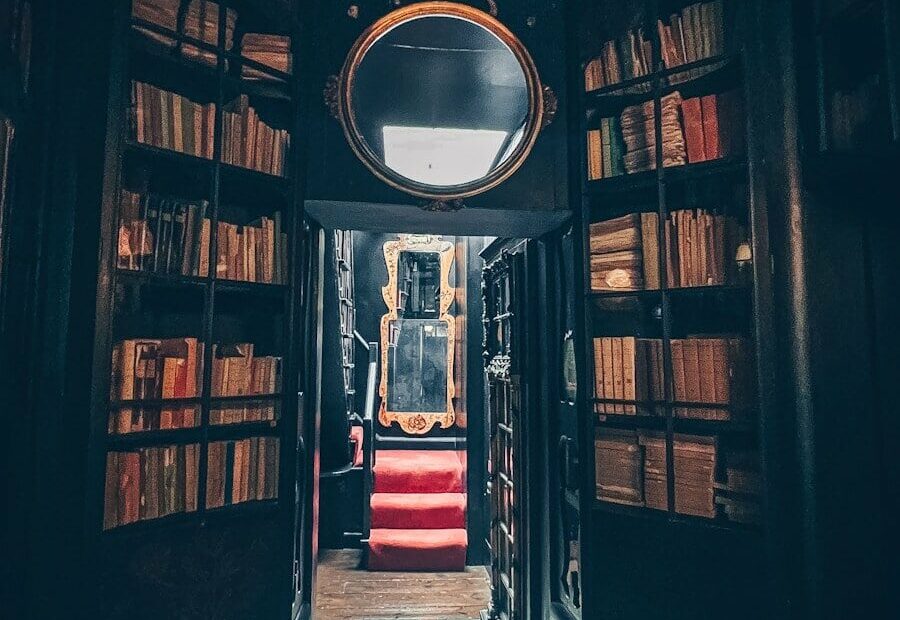 A cozy, dark library with books and mirrors.