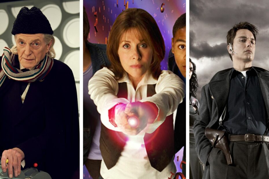 Split image showing three Doctor Who spin-offs: An Adventure in Space and Time, The Sarah Jane Adventures, and Torchwood
