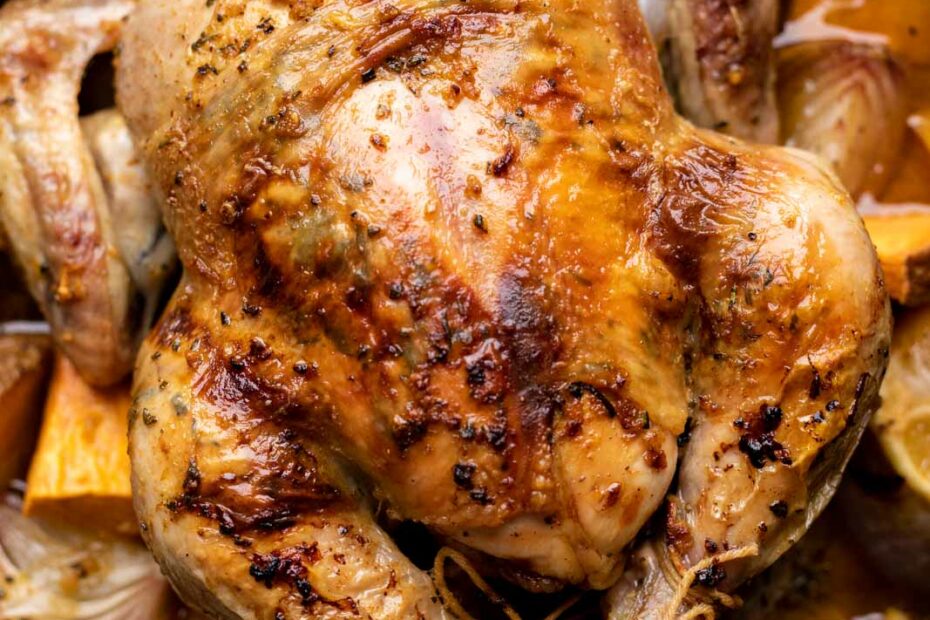 Roast chicken in the cast iron skillet, roasted with veggies and pan juices