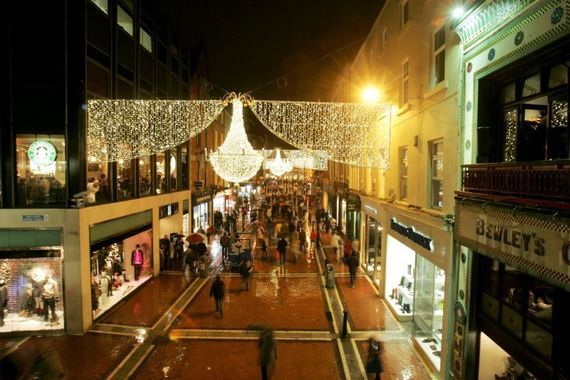 Grafton Street in Dublin under the Christmas lights.