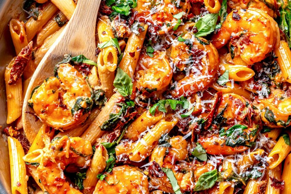 Marry Me Shrimp Pasta in skillet with serving spoon