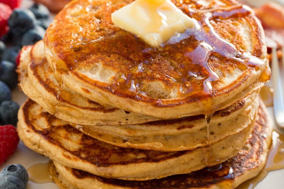 Close up photo of stack of homemade protein pancakes.